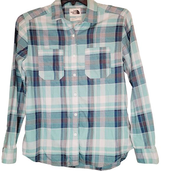 The North Face women's blue plaid cotton long sleeved button up Size Small - Picture 1 of 5